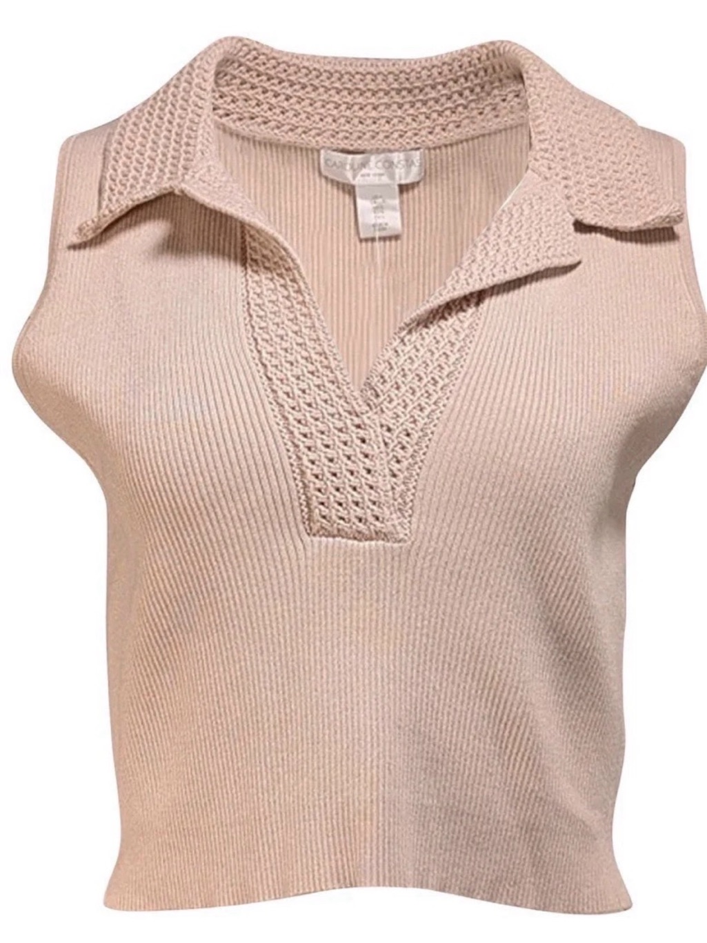 Caroline Constas Ribbed Knit Sleeveless Polo Top Crochet Collar Beige Size S